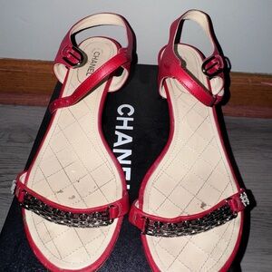 CHANEL Red Leather Chain-Trim Sandals